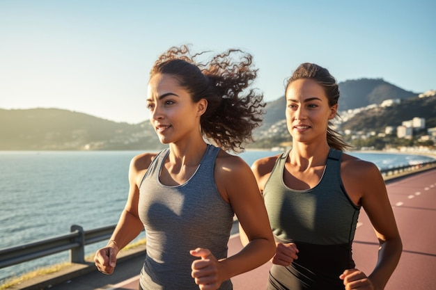 Zwei Frauen, die während des Sommers auf der Strandpromenade joggen und einen fitten Lebensstil annehmen