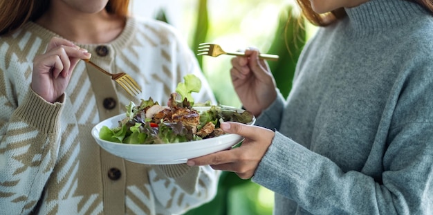 Foto zwei frauen, die zusammen hühnersalat halten und essen