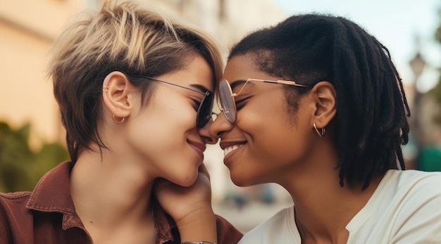 Zwei Frauen, eine mit Sonnenbrille, küssen sich, die andere trägt eine Sonnenbrille.