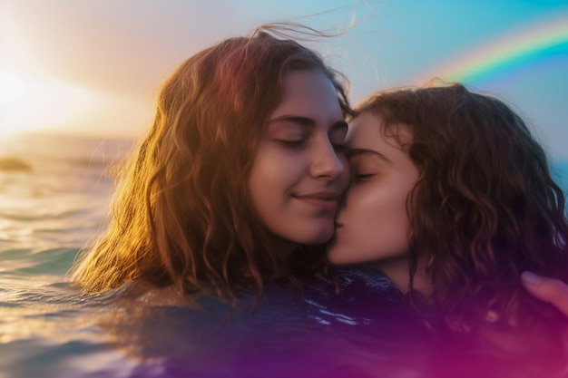 Zwei Frauen im Wasser, von denen eine ein Regenbogen ist.