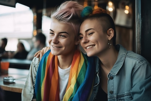 Foto zwei frauen in einem café, eine trägt ein regenbogenhemd und die andere eine jacke.