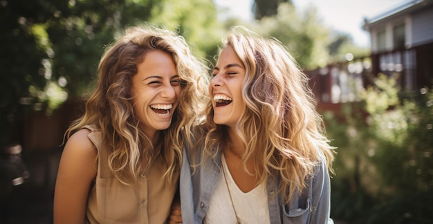 Zwei Frauen in einem Park lachen und umarmen sich, um ihre Freundschaft zu feiern