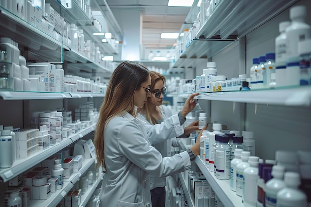 Foto zwei frauen in einer apotheke schauen sich flaschen an