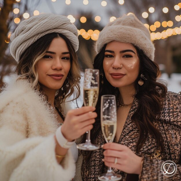 Foto zwei frauen in glänzenden abendkleidern feiern silvester