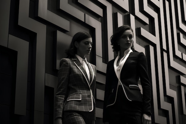 Zwei Frauen in ihren Anzügen an einem Gebäude