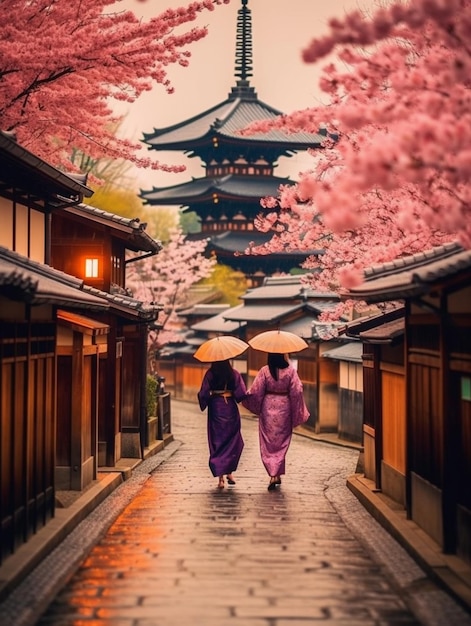 Zwei Frauen in Kimono gehen mit Regenschirmen generativen Ai die Straße entlang