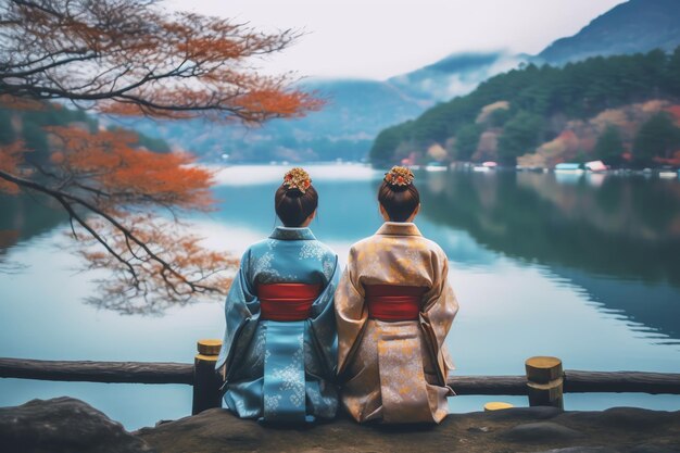 Foto zwei frauen in kimonos sitzen auf einer brücke mit blick auf einen see