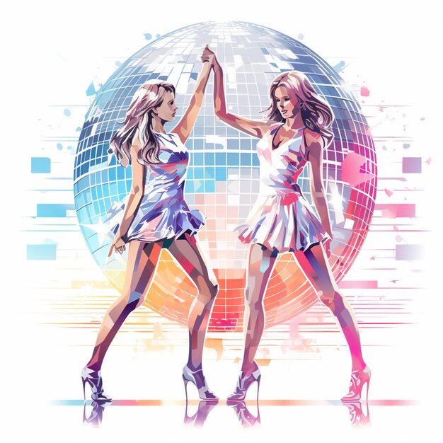 Foto zwei frauen in kurzen kleidern tanzen vor einem disco-ball
