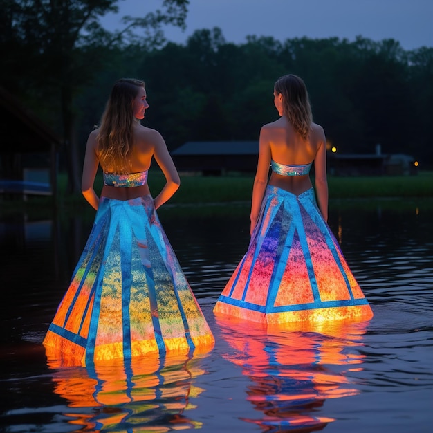 Zwei Frauen in leuchtenden Kleidern im Wasser