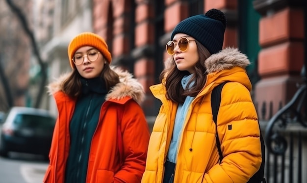 Zwei Frauen in orangefarbenen Mänteln stehen auf der Straße vor einem Gebäude.