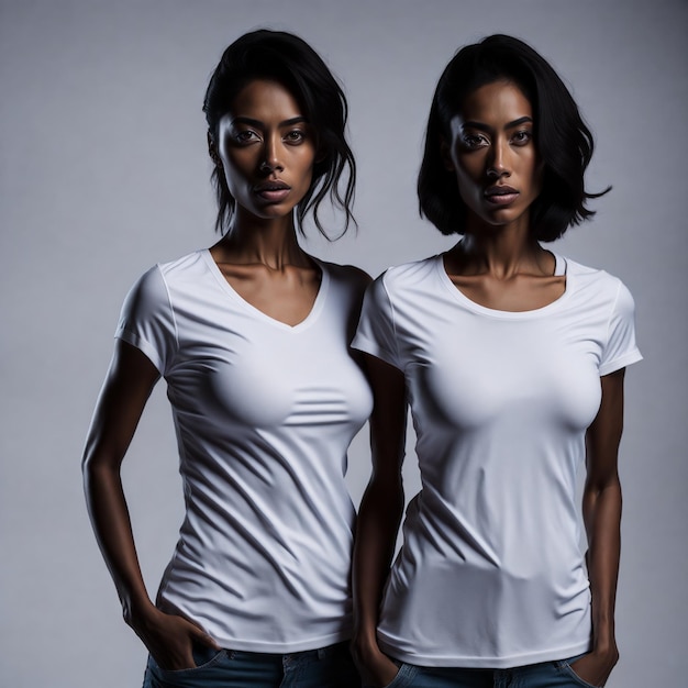 Zwei Frauen in weißen Hemden und Jeans stehen nebeneinander.