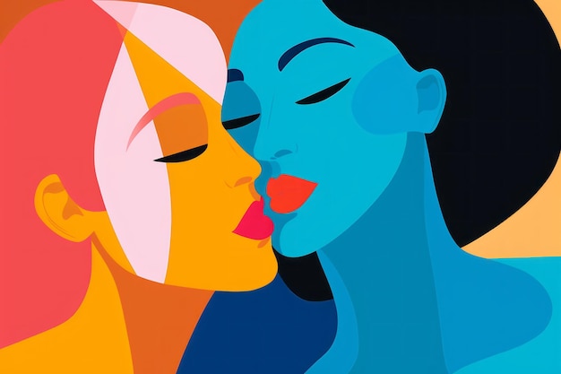 Foto zwei frauen küssen eine farbenfrohe moderne illustration eines verliebten lesbischen paares