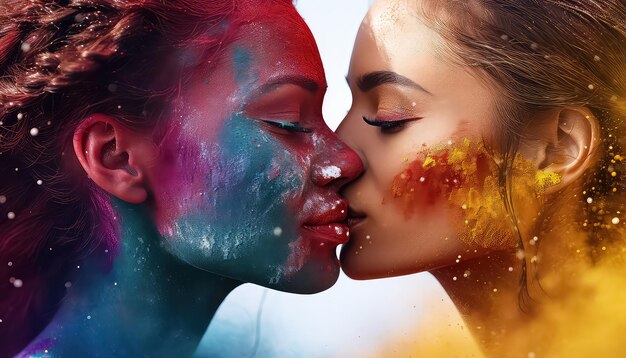 Zwei Frauen küssen sich auf dem Festival Happy Holi Indian Concept.