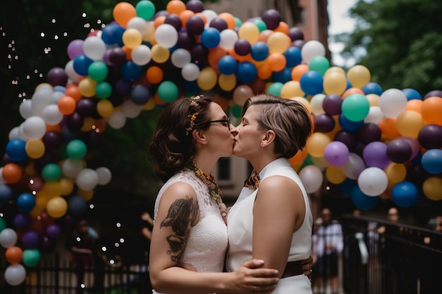 Zwei Frauen küssen sich unter einem Regenbogenbogen mit dem Wort Liebe darauf.