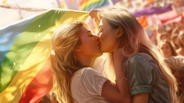 Foto zwei frauen küssen sich vor einer regenbogenfahne