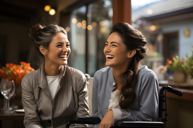 Zwei Frauen lachen und lachen in einem Zug, eine von ihnen hat ein Lächeln.