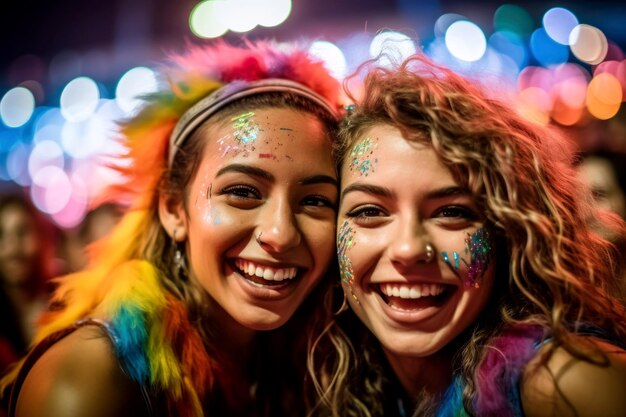 Zwei Frauen lächeln bei einem bunten Festival