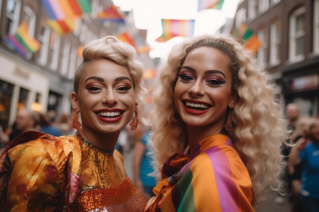 Foto zwei frauen lächeln bei einer parade in die kamera