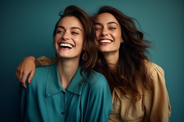Zwei Frauen lächeln und eine hat ein Lächeln im Gesicht.