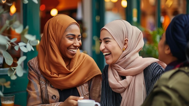 zwei Frauen lächeln und lachen, eine hat eine weiße Tasse Kaffee