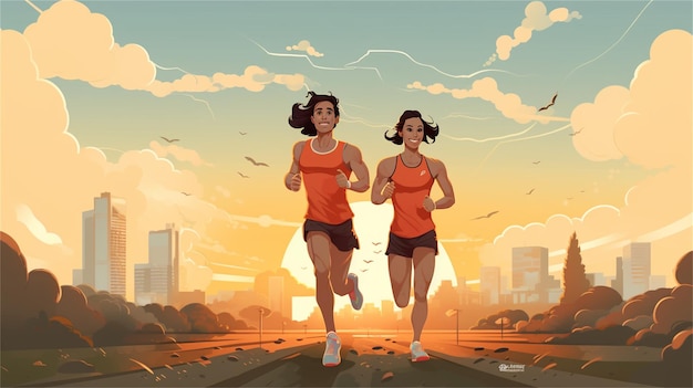Zwei Frauen laufen in einer Stadt mit der Aufschrift „Laufen“ auf der Seite.