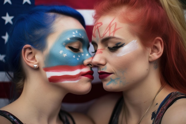 Zwei Frauen lehnen sich Wange an Wange und haben eine amerikanische Flagge auf ihre Wangen gemalt
