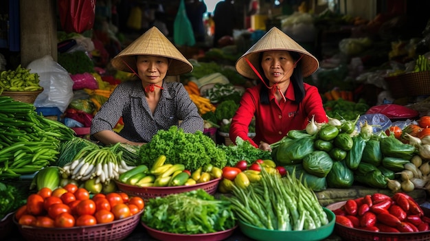 Zwei Frauen mit konischen Hüten sitzen mit Gemüsekörben auf einem Markt.