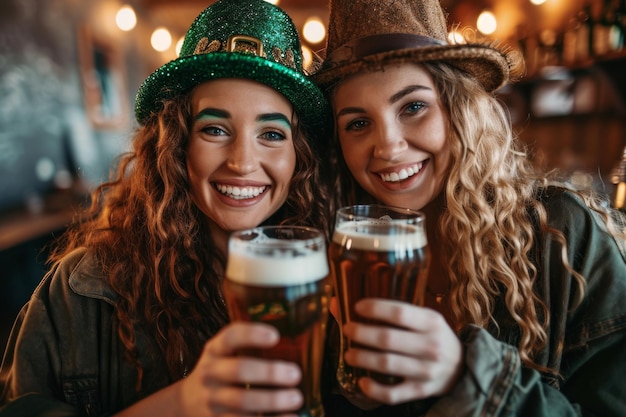 Foto zwei frauen mit leprechaun-hüten, die bier halten