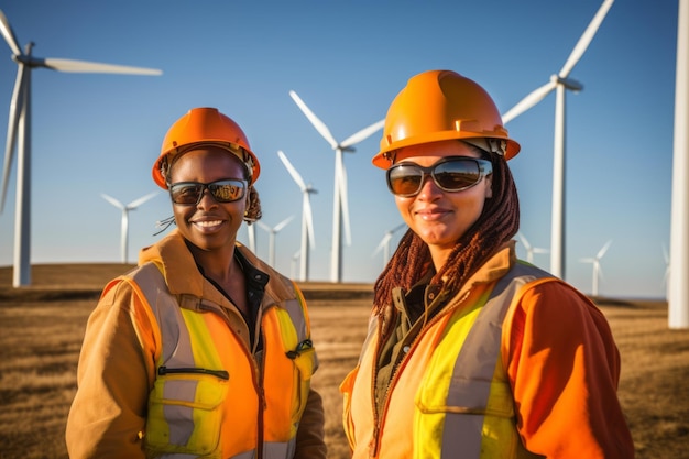 Zwei Frauen mit orangefarbenen Schutzhelmen stehen vor einem Windpark.