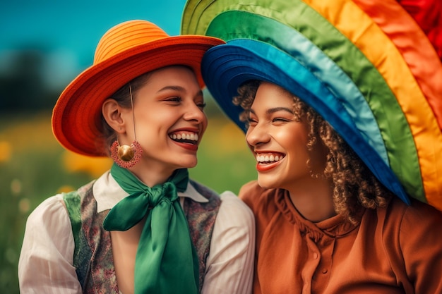 Zwei Frauen mit Regenbogenhüten lächeln in die Kamera.