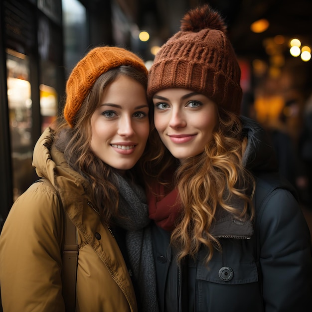 Zwei Frauen posieren im Wintermantel für ein Foto