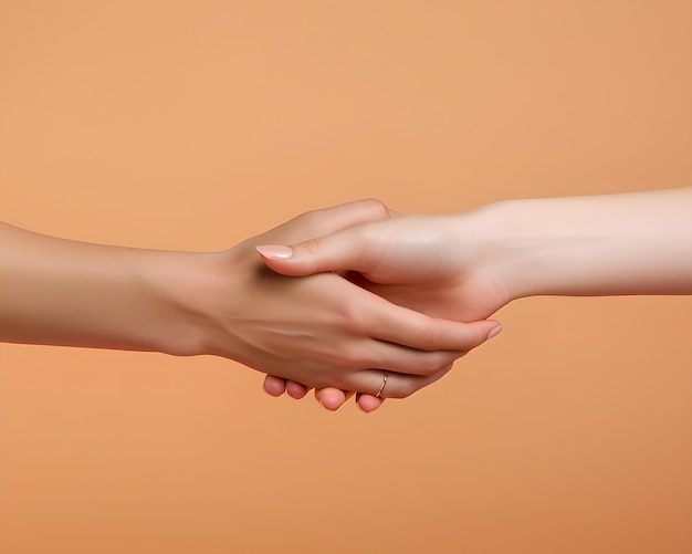 Zwei Frauen schütteln sich die Hände vor orangefarbenem Hintergrund