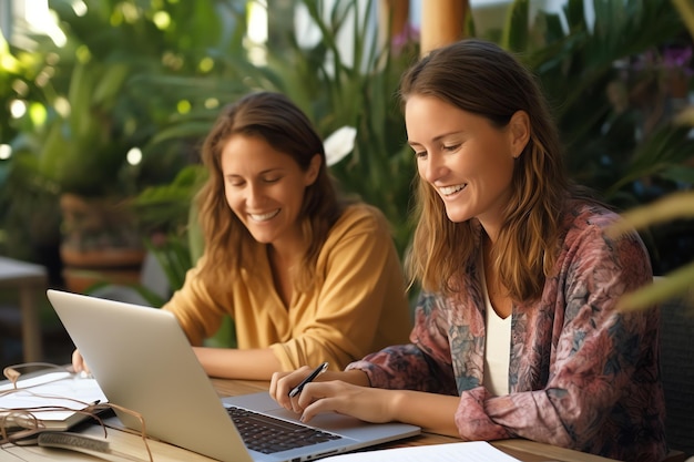 Zwei Frauen sitzen an einem Tisch, eine von ihnen benutzt einen Laptop