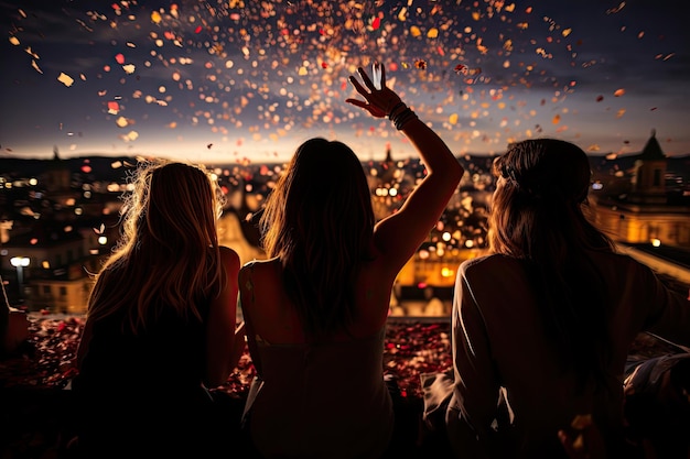 Foto zwei frauen sitzen auf einem dach mit den händen in der luft, während sie feuerwerk von oben fallen sehen