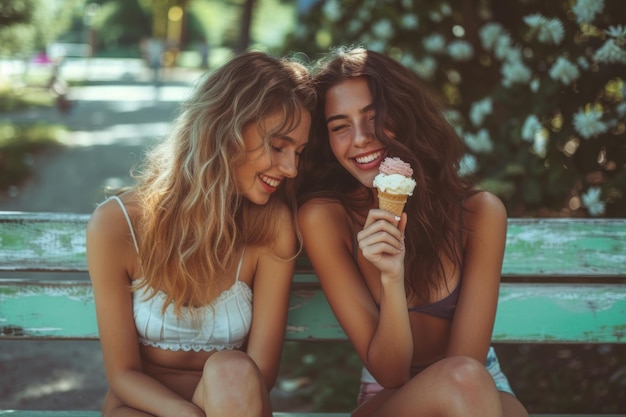 Zwei Frauen sitzen auf einer Bank und essen Eis