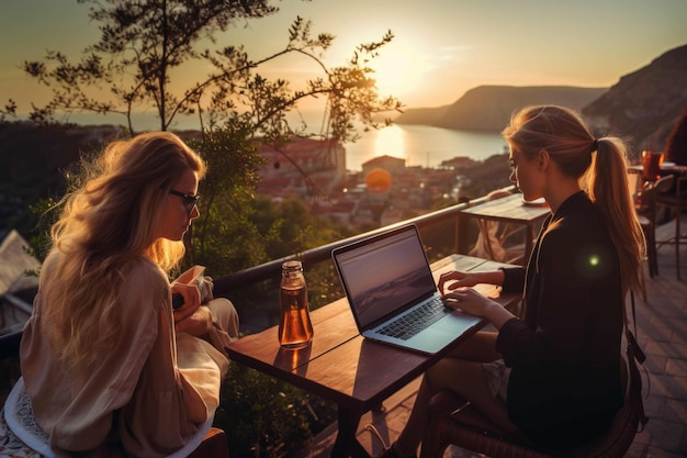 zwei Frauen sitzen bei Sonnenuntergang auf einer Bank, während sie arbeiten.