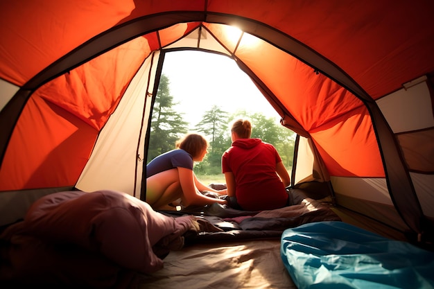 Zwei Frauen sitzen in der Nähe eines Touristenzeltes und genießen bei sonnigem Wetter den Blick auf die Natur