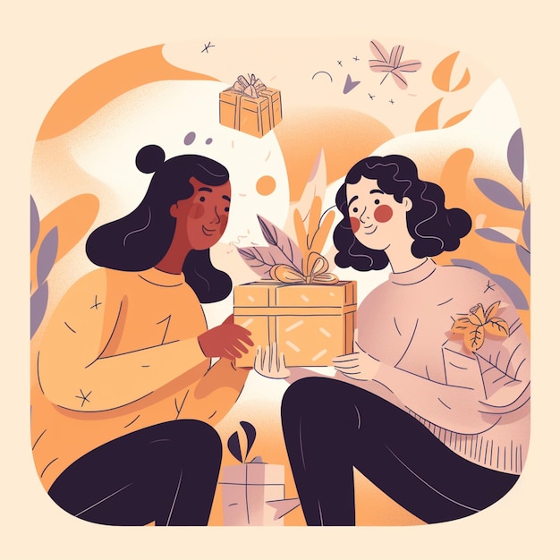 Zwei Frauen sitzen vor einer Geschenkbox und eine hält ein Geschenk in der Hand.