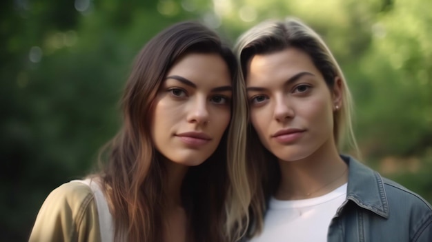 Zwei Frauen stehen in einem Park, die eine trägt ein weißes Hemd und die andere ein weißes.