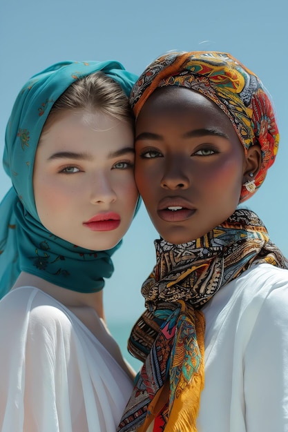 Zwei Frauen tragen bunte Schals und posieren für ein Foto