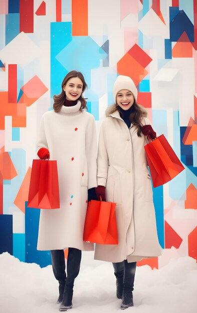 Zwei Frauen tragen große Papiertüten für den Winter