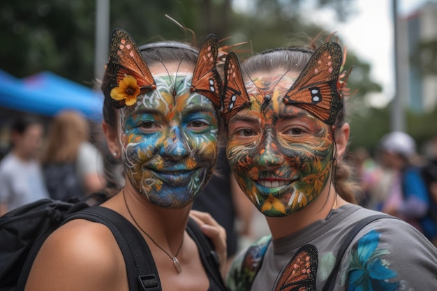 Zwei Frauen tragen übereinstimmende Masken, auf denen Schmetterlinge gemalt sind