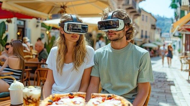 Zwei Freunde beobachten beide drahtlose VR-Brillen draußen