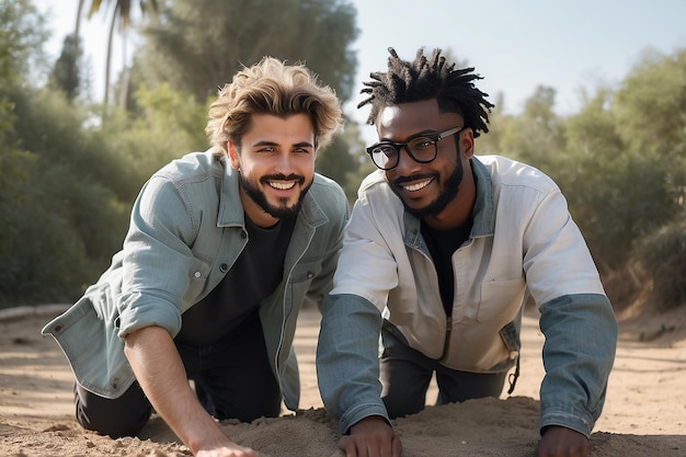 Foto zwei freunde, die als team arbeiten