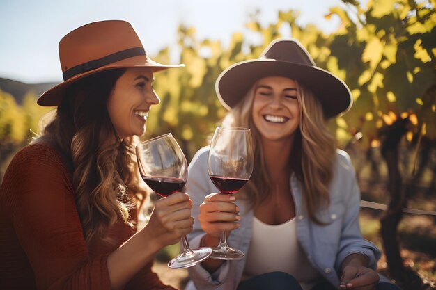 Zwei Freunde trinken ein Glas Wein in einem Weinberg