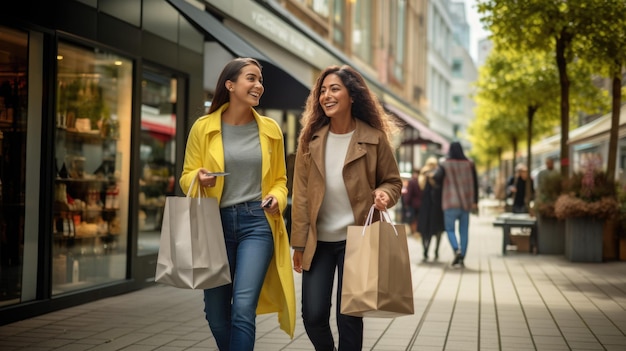 Zwei Freundinnen gehen beim Einkaufen mit Taschen die Straße entlang