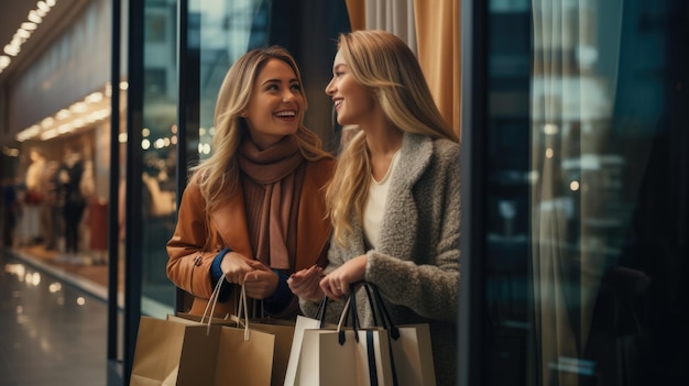 Zwei Freundinnen stehen beim Einkaufen mit Taschen auf der Straße. Erstellt mit generativer KI-Technologie