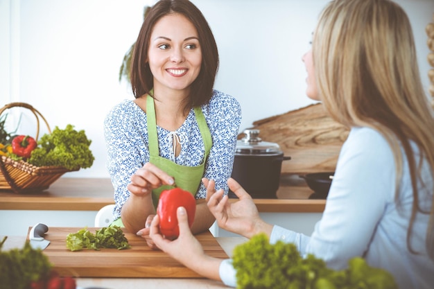 Zwei Freundinnen wählen das Rezept und die Zutaten für eine köstliche Mahlzeit, während sie am Küchentisch sitzen Vegetarisches Konzept