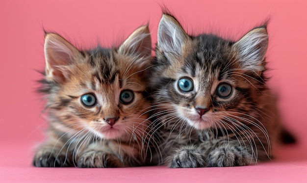 Zwei freundliche Kätzchen auf einem rosa Hintergrund im Studio