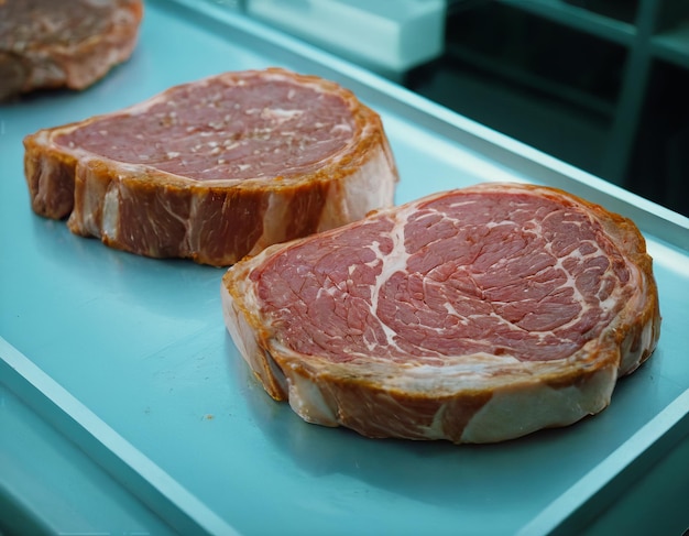 Zwei frische, rohe Steaks auf einem blauen Tablett, bereit zum Kochen